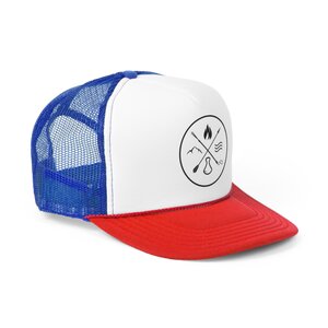 makana wild logo trucker hat blue and red side