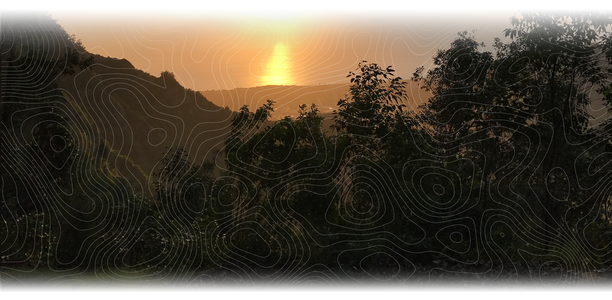 hawaiian sunset with trees and topographical map overlay