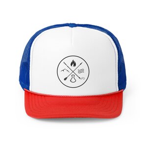 makana wild logo trucker hat blue and red front